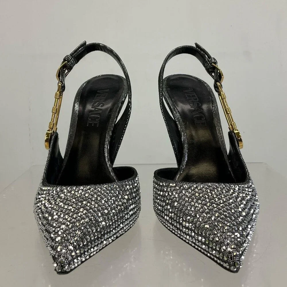 Versace Silver Gold Black Leather Bling Embellished Slingback Pumps 35.5 / US 5